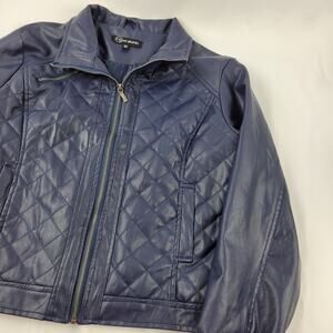Women's Faux Leather Motorcycle Jacket Navy Quilted Petite Large PL Waist Length